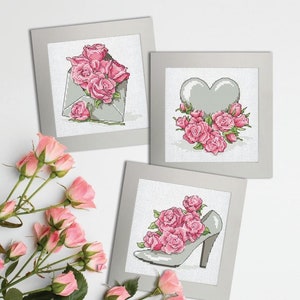 Enveloppe avec roses, Coeur avec roses, Chaussure avec roses 3 modèles numériques pour point de croix, Roses romantiques PDF,