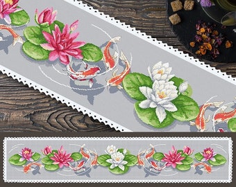 Korsstygnsmönster med blommönster - Lång bordslöpare med näckrosor, pdf, .hks - smartphone-mönster.