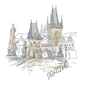 May include: A black and white line drawing of the Charles Bridge in Prague, Czech Republic. The bridge is a popular tourist destination and is known for its many statues and historical significance. The drawing includes the text "Prague" at the bottom.