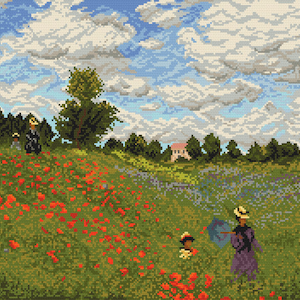 Op de afbeelding: Een schilderij van een veld met rode klaprozen met twee figuren die in de verte lopen. De lucht is blauw met witte wolken. Het schilderij is gemaakt in een stijl die doet denken aan het impressionisme.