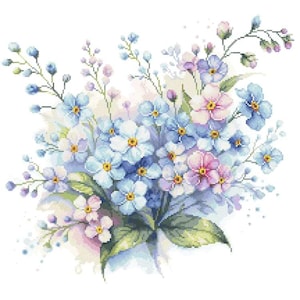 Peut inclure: Illustration de style aquarelle d'un bouquet de fleurs de myosotis. Les fleurs sont principalement bleu clair, avec des touches de rose et de violet. Des feuilles et des tiges vertes sont également visibles, sur fond blanc.