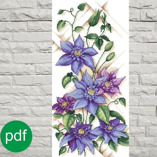 Blue clematis Digital Counted Cross Stitch pattern  PDF,