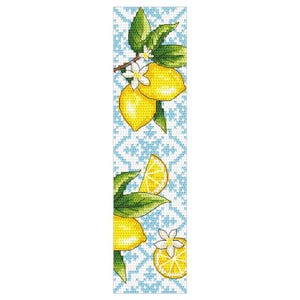 May include: A cross-stitch bookmark featuring a lemon branch with bright yellow lemons, green leaves, and white blossoms. The background has a blue and white geometric pattern. The bookmark is a long, narrow rectangle.
