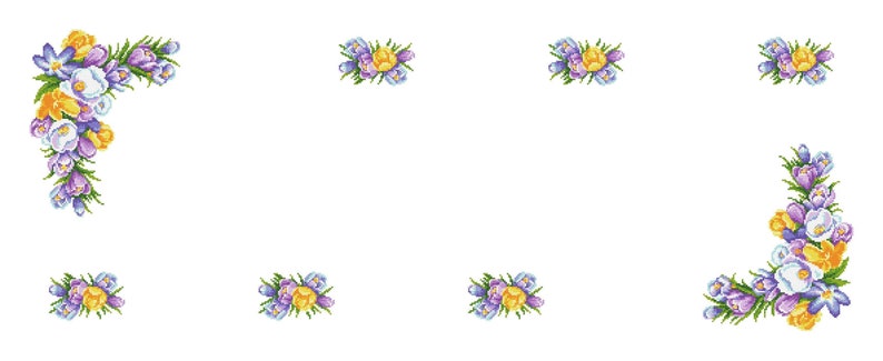Pu&ograve; includere: Uno sfondo bianco con un bordo di crochi viola, gialli e bianchi. I fiori sono disposti in grappoli a ogni angolo dell'immagine.