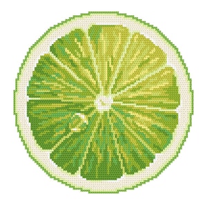 May include: A cross-stitch pattern of a lime slice, with a green and yellow color scheme. The lime is cut in half and the inside is visible, showing the seeds and flesh.
