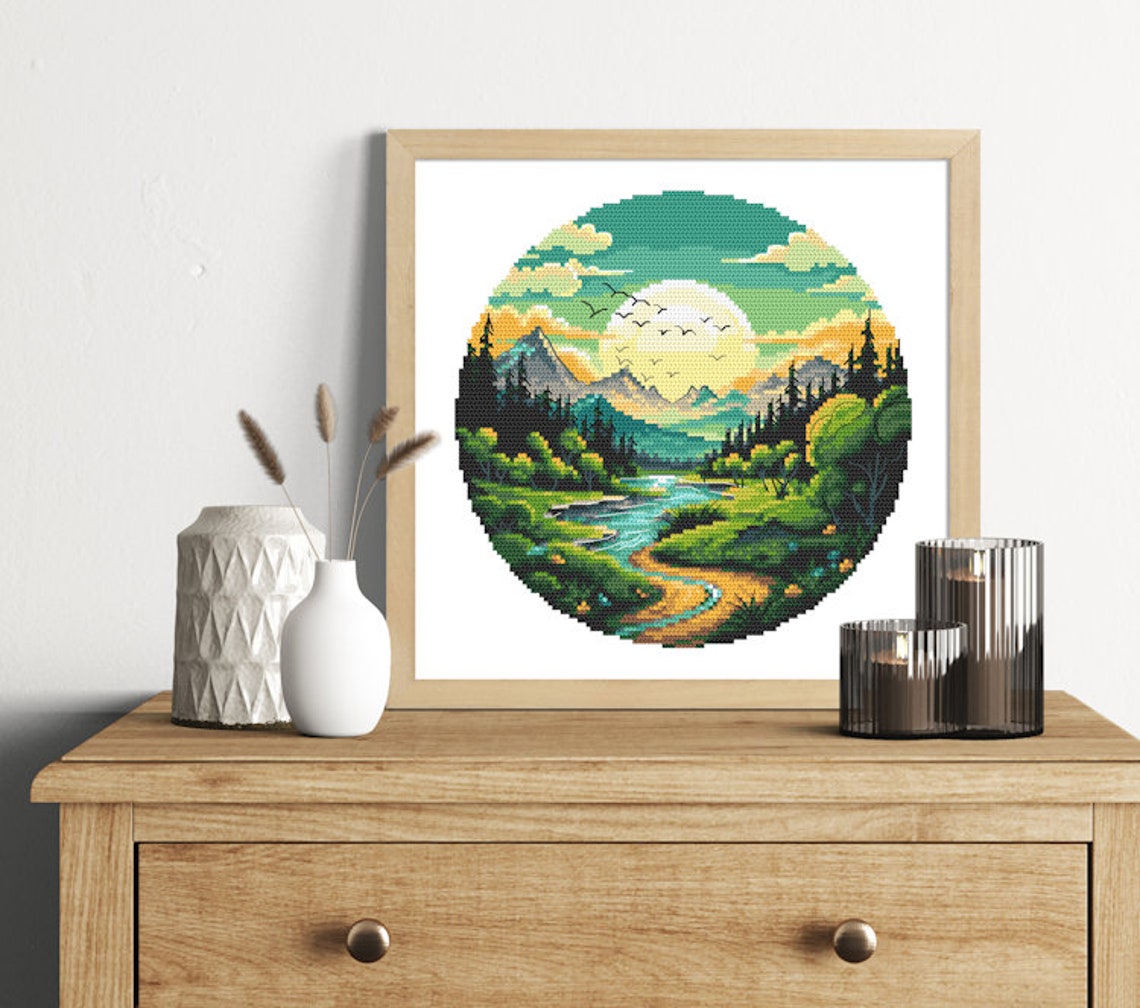 Landscape Cross Stitch Pattern PDF - Mountain Valley, Sunset Over the ...