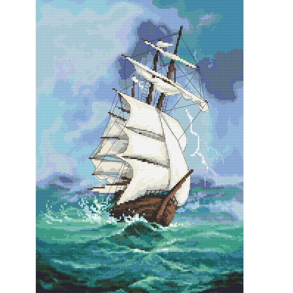 Sailin ship digital pattern for cross stitch, A journey into the unknown  PDF, Cross stitch pattern navy