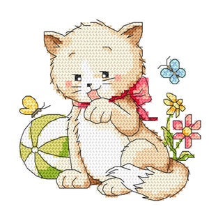 Sweet kitten, Little cat on a walk, Cross Stitch Digital Pattern