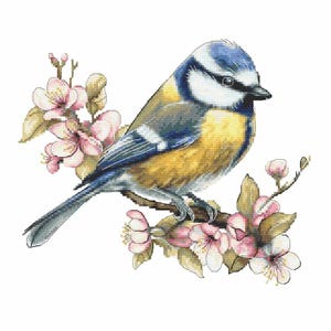 Korsstygnsmönster för mes: Sakura-grenfågel (PDF-nedladdning)
