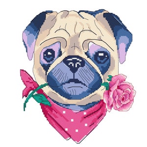 Pug digital cross stitch pattern, Dog with rose cross stitch  pattern,PDF