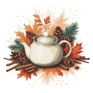 Teapot cross stitch pattern - Autumn teapot, pdf,.hks phone pattern