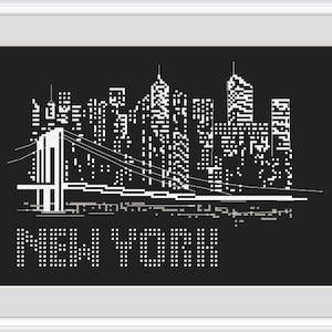 May include: Black and white pixelated illustration of the New York City skyline with the Brooklyn Bridge in the foreground. The text "NEW YORK" is below the skyline.