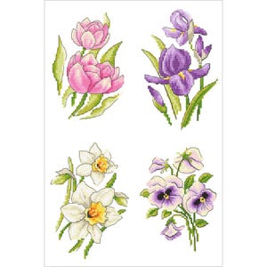 Puede incluir: Cuatro diseños florales diferentes con una peonía rosa, un iris morado, un narciso blanco y una violeta morada.