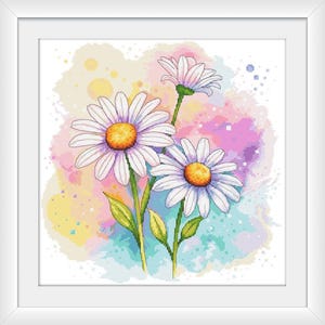 Könnte beinhalten: Drei weiße Gänseblümchen mit gelben Zentren sind in einem Strauß vor einem bunten Aquarellhintergrund angeordnet. Der Hintergrund zeigt Farbtöne von Rosa, Blau und Gelb.