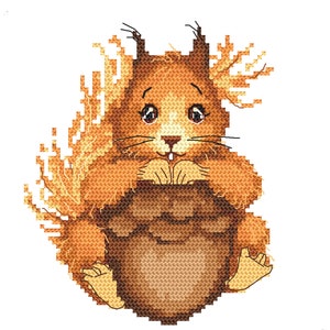 Small squirrel cross stitch pattern PDF, Squirrel with hazelnut  PDF