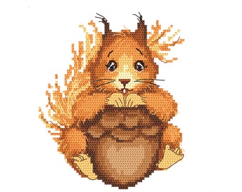 Small squirrel cross stitch pattern PDF, Squirrel with hazelnut  PDF