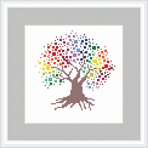 May include: A colorful pixelated tree with a brown trunk and roots. The leaves are in shades of red, orange, yellow, green, blue, indigo, and violet.