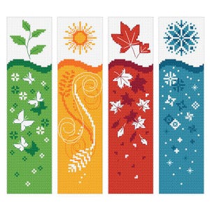 Peut inclure: Quatre motifs de marque-pages colorés représentant les quatre saisons en point de croix : le printemps avec des feuilles vertes et des papillons, l’été avec un soleil jaune et des lignes tourbillonnantes, l’automne avec des feuilles rouges et orange, et l’hiver avec un flocon de neige bleu.