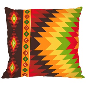 May include: A decorative cushion featuring a geometric pattern in shades of red, orange, yellow, green, and brown. The design is reminiscent of Native American art.