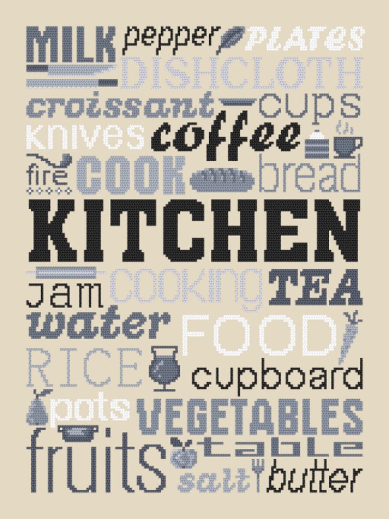Graphics Counted Cross Stitch pattern in PDF format Kitchen cross stitch Pattern Easy Digital Pdf Painting