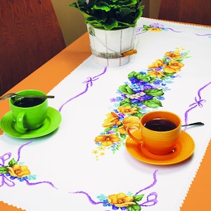 Schema punto croce per runner da tavolo primaverile, Fiori primaverili PDF, Tulipani, viole del pensiero, PDF, .hks - schema per smartphone, schema scaricabile immediatamente,