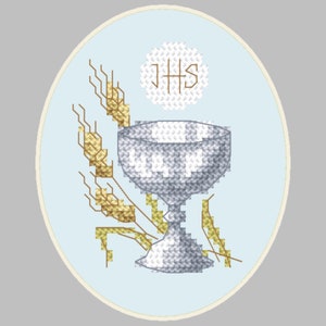Eerste heilige communiekaart - Cup Modern Cross Stitch Patroon, Religieus voor kinderen Pdf Digital, Cadeau voor kind, Sacraal patroon
