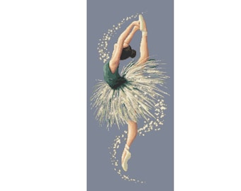 May include: A ballerina in a green tutu with white feathers dances on a light blue background. She is on pointe with her leg extended behind her. White sparkles surround her.