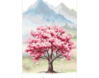 Landscapes cross stitch pattern  - Four seasons - Spring tree, Mountains in spring, pdf, .hks- smartphone pattern