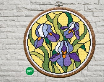 Bouquet with irises cross stitch digital pattern,  A bouquet of irises in a stained-glass style PDF,