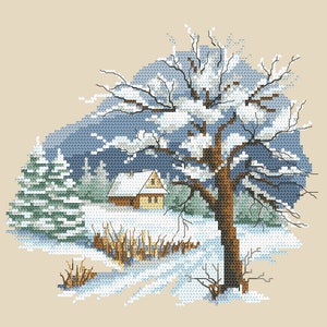 Four season - winter  pattern for cross stitch , Sunset small landscape PDF , Easy Cross Stitch Pattern, Winter trees