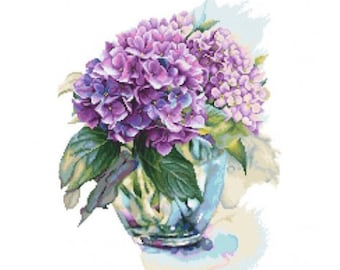 Hortensia aquarelle - Patron point de croix en ligne, PDF