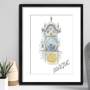 Può includere: Un'illustrazione in bianco e nero dell'Orologio Astronomico di Praga, Repubblica Ceca. Il quadrante dell'orologio è dettagliato con numeri romani e un design circolare. Il testo "PRAGA" è scritto in corsivo sotto l'orologio.