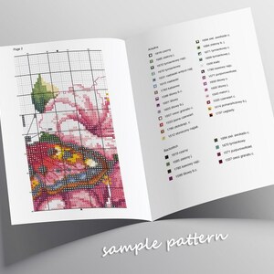 May include: A sample cross-stitch pattern featuring a pink rose with a butterfly. The pattern includes a color key with different shades of pink, green, yellow, and brown.
