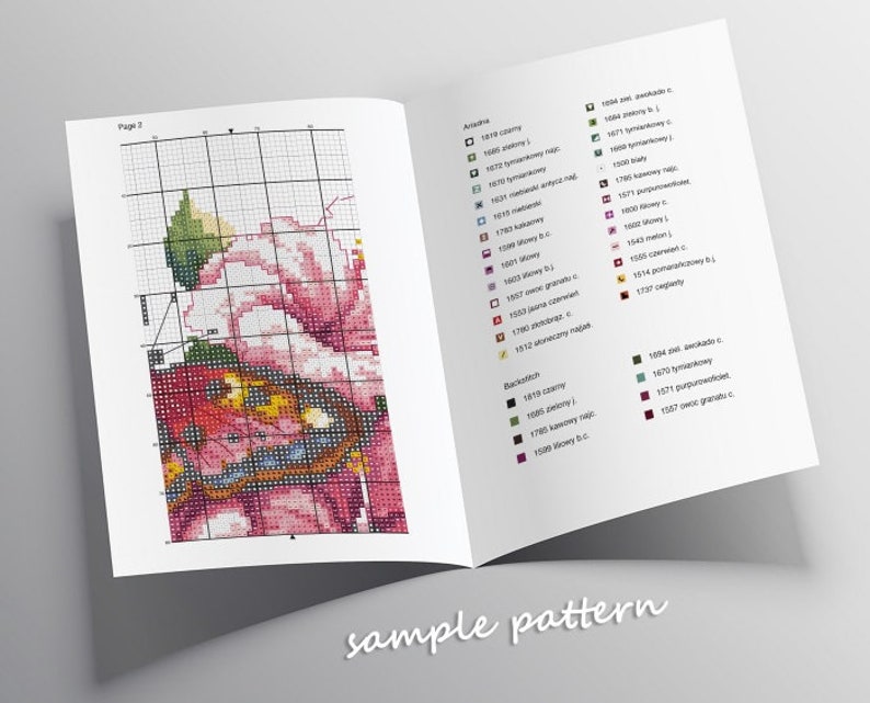 May include: A sample cross-stitch pattern featuring a pink rose with a butterfly. The pattern includes a color key with different shades of pink, green, yellow, and brown.