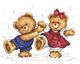 Rainy teddy bears Digital Cross Stitch Pattern,  Fairy world Pdf