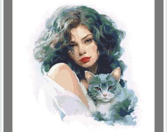 Kreuzstichmuster PDF – Mädchen mit Katze, Dame mit Katze, PDF, .hks – Smartphone-Muster zum sofortigen Download