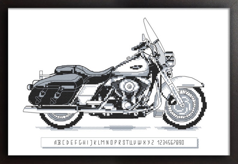 May include: Black and white line art illustration of a classic motorcycle. The motorcycle has a large windshield, saddlebags, and a detailed engine.