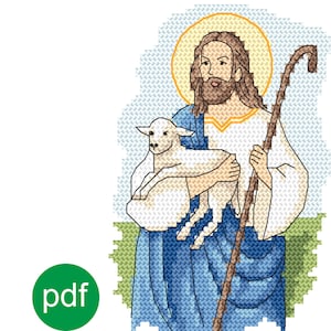 Cartolina di Pasqua - PDF con motivo Cristo a punto croce, Gesù con un agnellino Biglietto pasquale contato a punto croce,