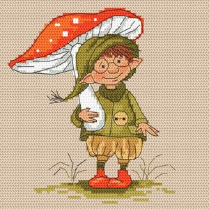 May include: A cartoon gnome wearing glasses and a green hat holds a large red and white mushroom over its head.