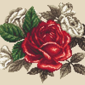 Red rose digital cross stitch pattern, Romantic roses,