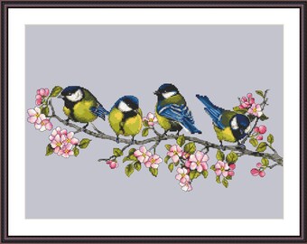 Kit Point De Croix « Mésanges Au Printemps » – Tissu Aïda 13x18 Cm, Fil Coton Inclus