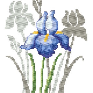 May include: A cross-stitch pattern of a blue iris flower with yellow accents, surrounded by gray and green foliage.