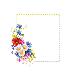 Può includere: Un disegno a punto croce con una vivace composizione floreale. Il bouquet comprende papaveri rossi, margherite bianche, fiordalisi blu e fiori selvatici rosa. Un bordo quadrato dorato cucito incornicia i fiori su uno sfondo bianco.