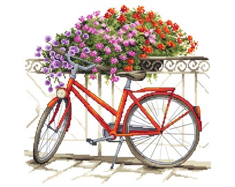 On a bicycle through the summer Pdf, Counted Cross Stitch pattern in PDF, Painting, Bike and flowers Pattern Embroidery Chart