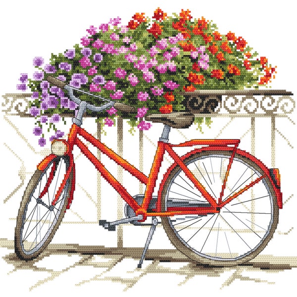 On a bicycle through the summer Pdf, Counted Cross Stitch pattern in PDF, Painting, Bike and flowers Pattern Embroidery Chart