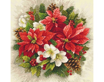 Christmas magic of red digital stitch  pattern, Winter  bouquet  PDF,