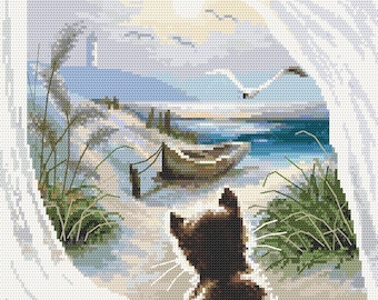 Puede incluir: Un gatito marrón y blanco se sienta en un alféizar de ventana de madera, mirando un paisaje marítimo. La vista muestra una playa de arena, un bote de madera y un océano azul con nubes blancas en el cielo.