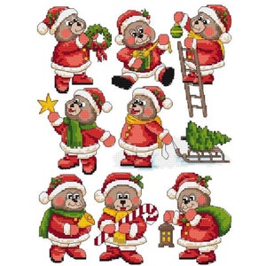 Nounours mignons, petits, Noël - 9 modèles de point de croix, cadeau ou décoration d'arbre pour Noël - Grille point de croix en PDF numérique