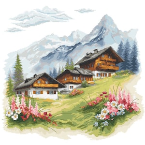 May include: A painting of a mountain village with three houses, green grass, and flowers. The houses are brown with white trim and have red roofs. The mountains are in the background and are covered in snow. The sky is blue with white clouds.