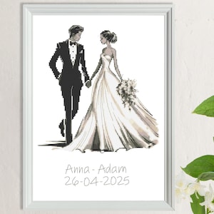 Puede incluir: Ilustración en blanco y negro de una novia y un novio. La novia lleva un vestido blanco y el novio lleva un esmoquin. El texto "Anna - Adam 26-04-2025" está escrito debajo de la pareja.